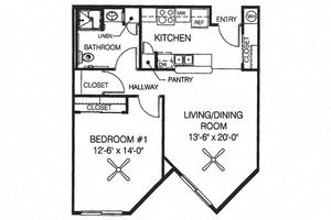 Floor plan for 1 bed, 1 bath, 683 sqft